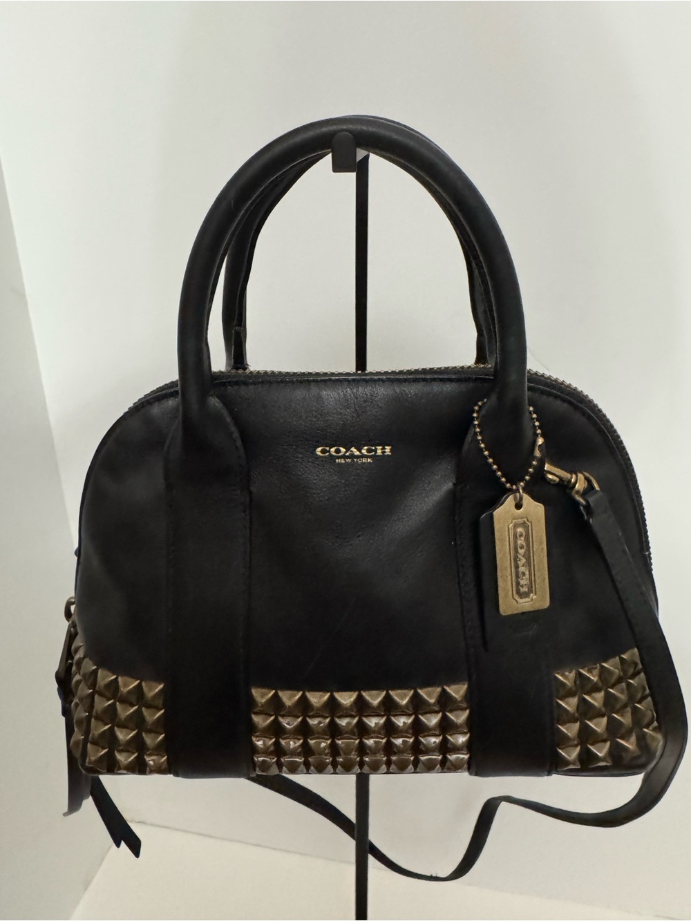 Coach Black Leather Satchel with Gold Stud Accents